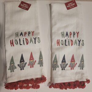 NWT Maker's Holiday Gnome Kitchen Hand Towels White and Red 16 x 28 in